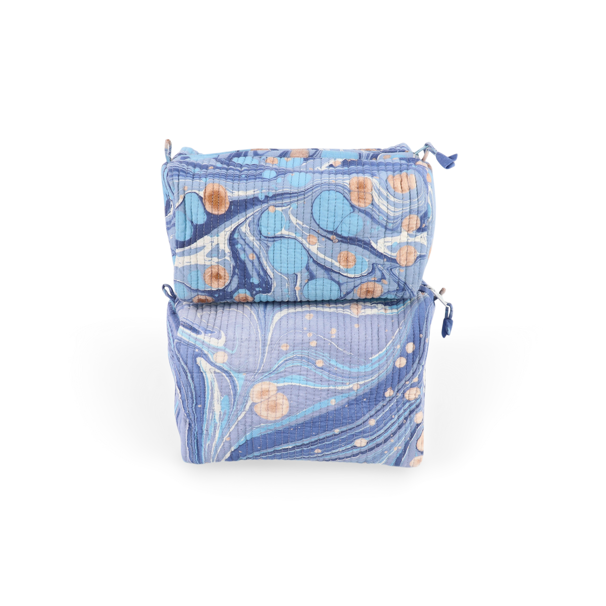 Harbor Blue Fire Whirl – Hand Marbled Quilted Beauty Bag (Large – 9.5" x 5" x 4")