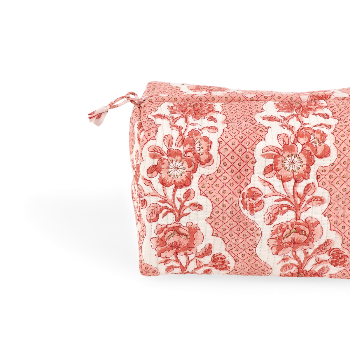 Garnet Red Blooming Trellis – Hand Block Printed Quilted Beauty Bag (Large - 9.5" x 5" x 4")