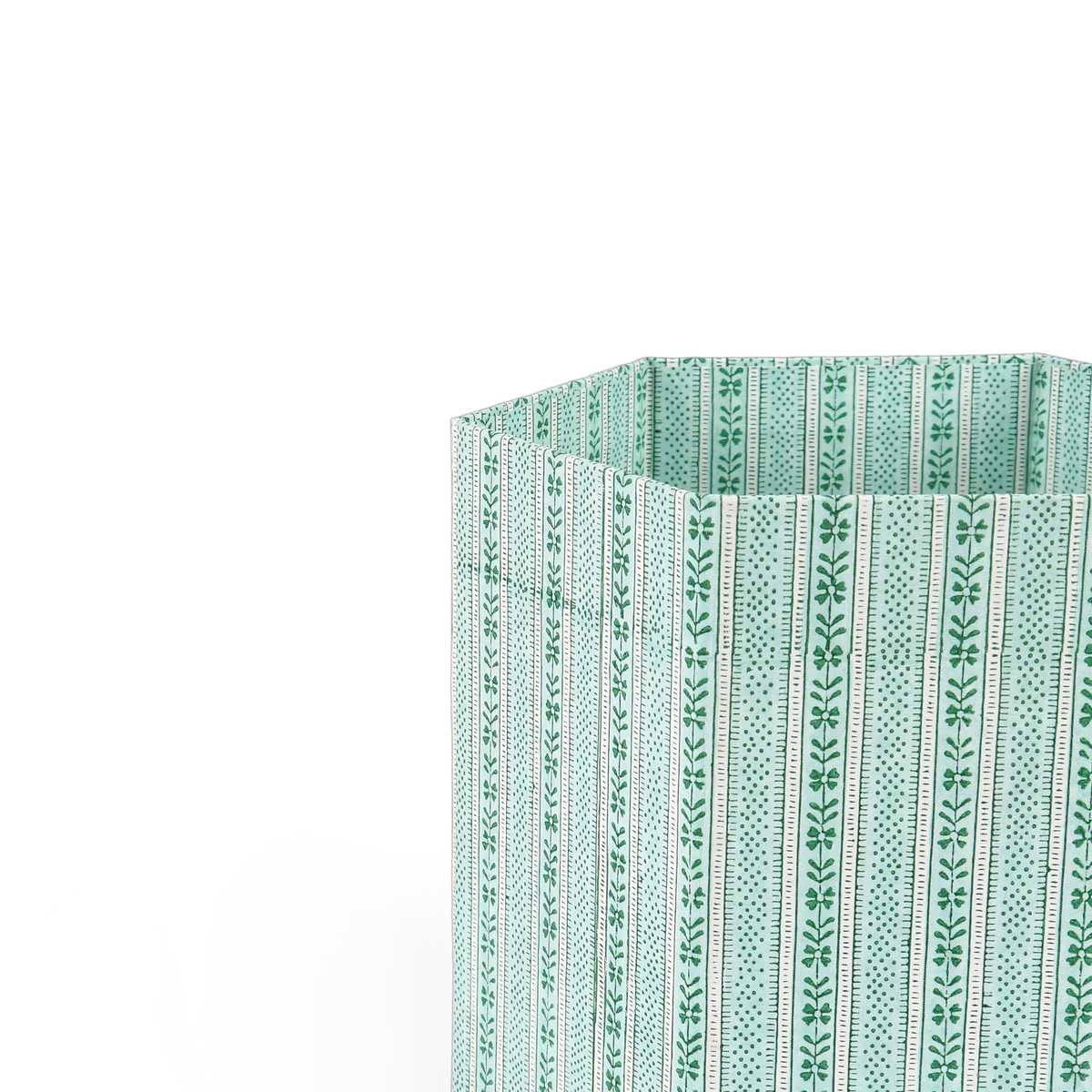 Celadon Green Floral Stripe – Hand Block Printed Collapsible Basket (9.5" x 9.5" x 10.5")