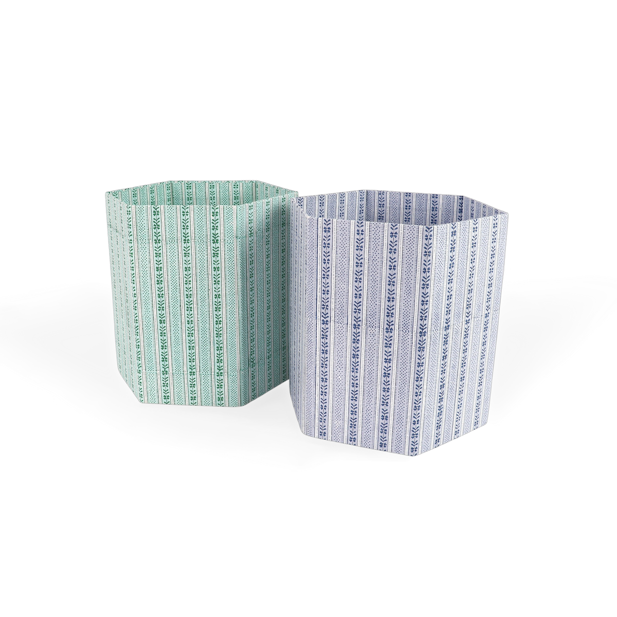 Celadon Green Floral Stripe – Hand Block Printed Collapsible Basket (9.5" x 9.5" x 10.5")