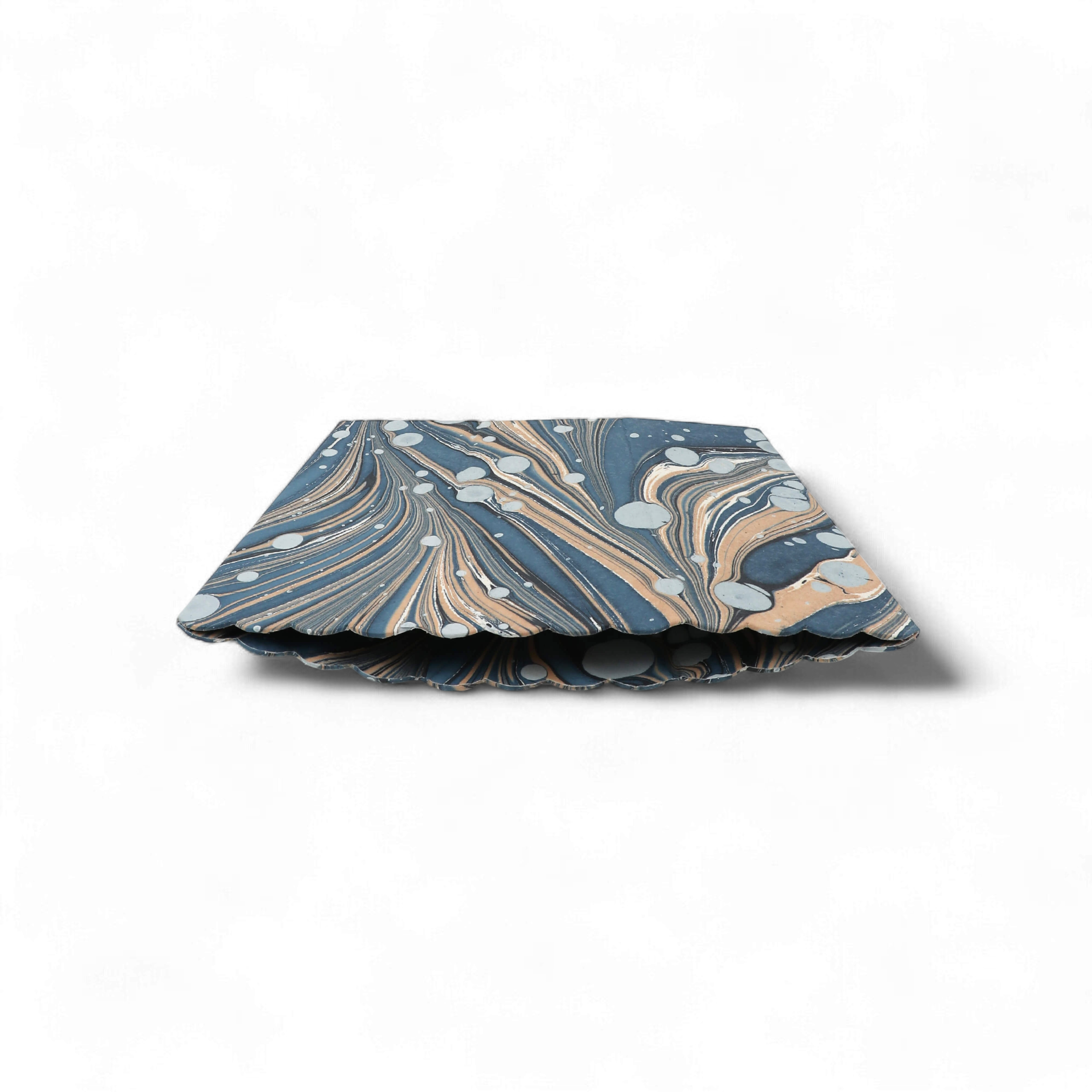 Indigo Swell – Hand Marbled Scalloped Basket (8.5" x 7.5" x 8")