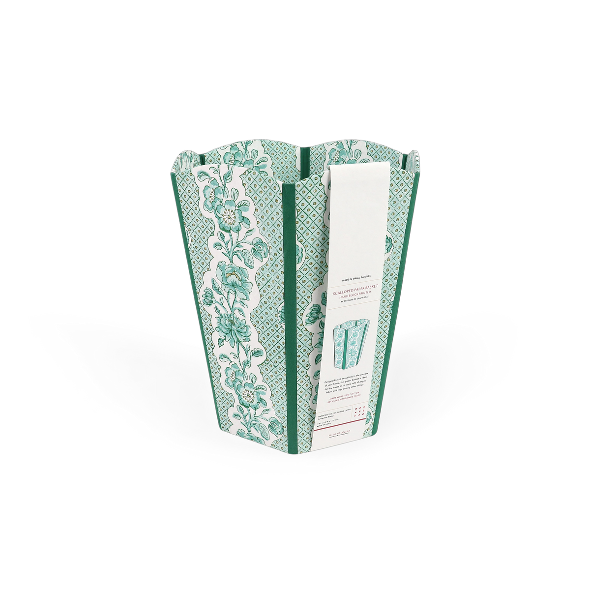 Celadon Green Blooming Trellis – Hand Block Printed Scalloped Basket (9.5" W x 9.5" D x 12" H.)