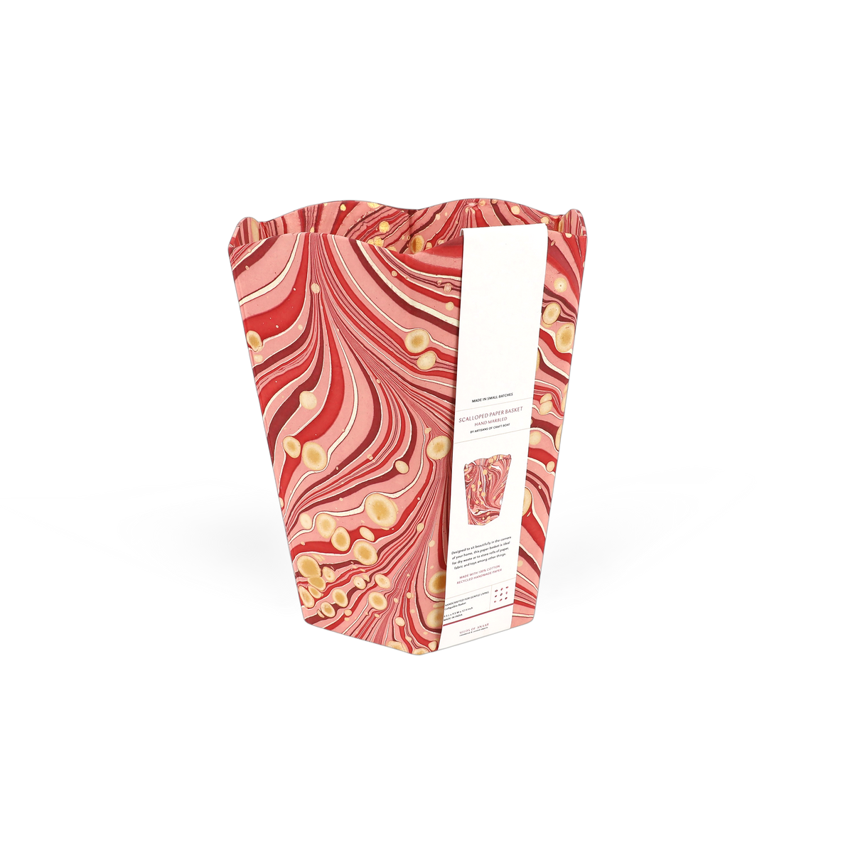 Garnet Red Fire Whirl – Hand Marbled Scalloped Basket (9.5" W x 9.5" D x 12" H.)