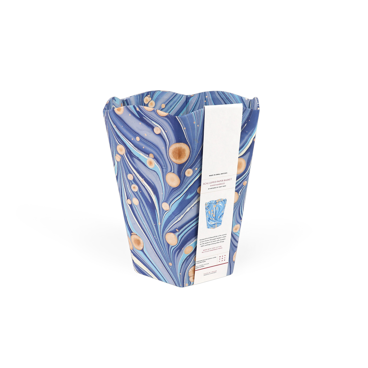 Harbor Blue Fire Whirl – Hand Marbled Scalloped Basket (9.5" W x 9.5" D x 12" H.)