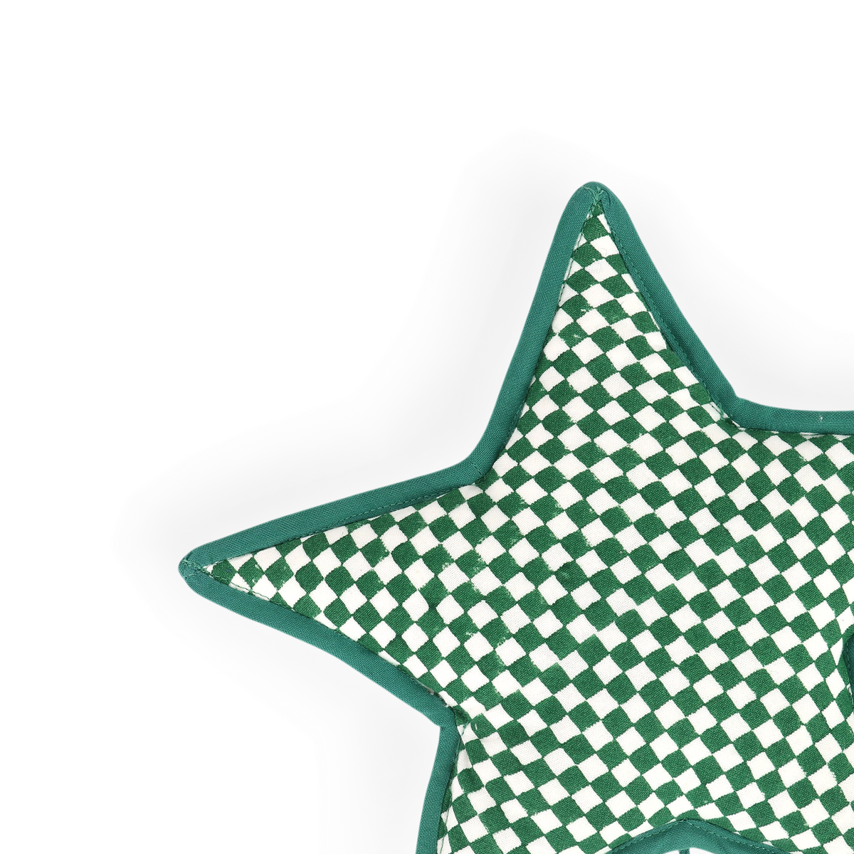 Celadon Green Check – Hand Block Printed Christmas Ornament Star (9.5" × 9.5")