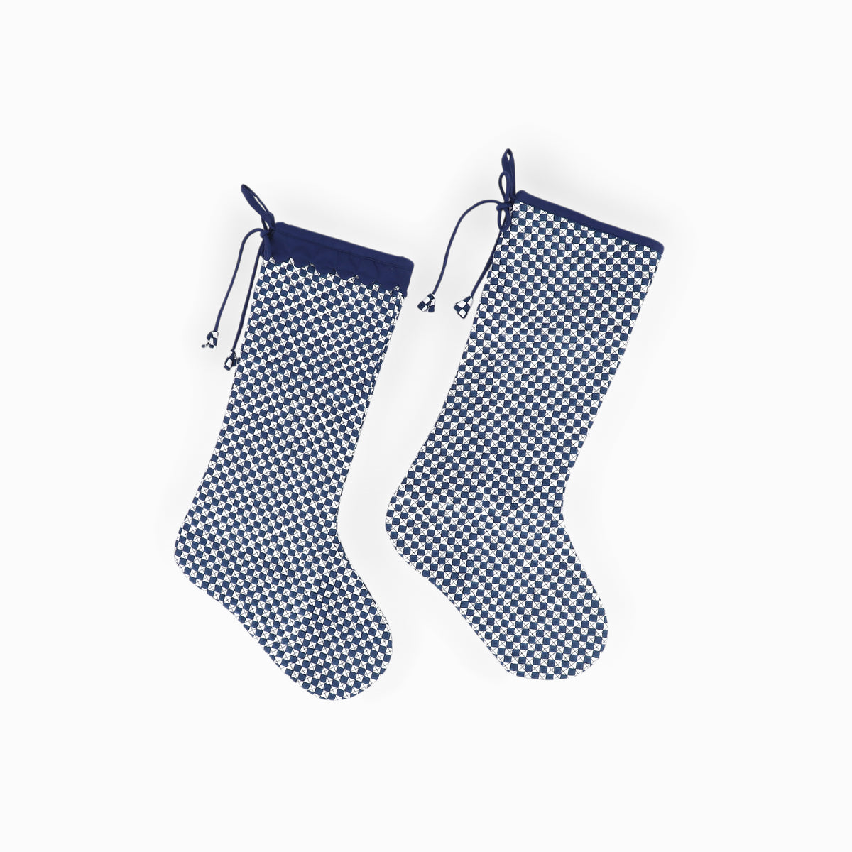 Harbor Blue Check – Hand Block Printed Christmas Stocking With Piping (16" × 5")