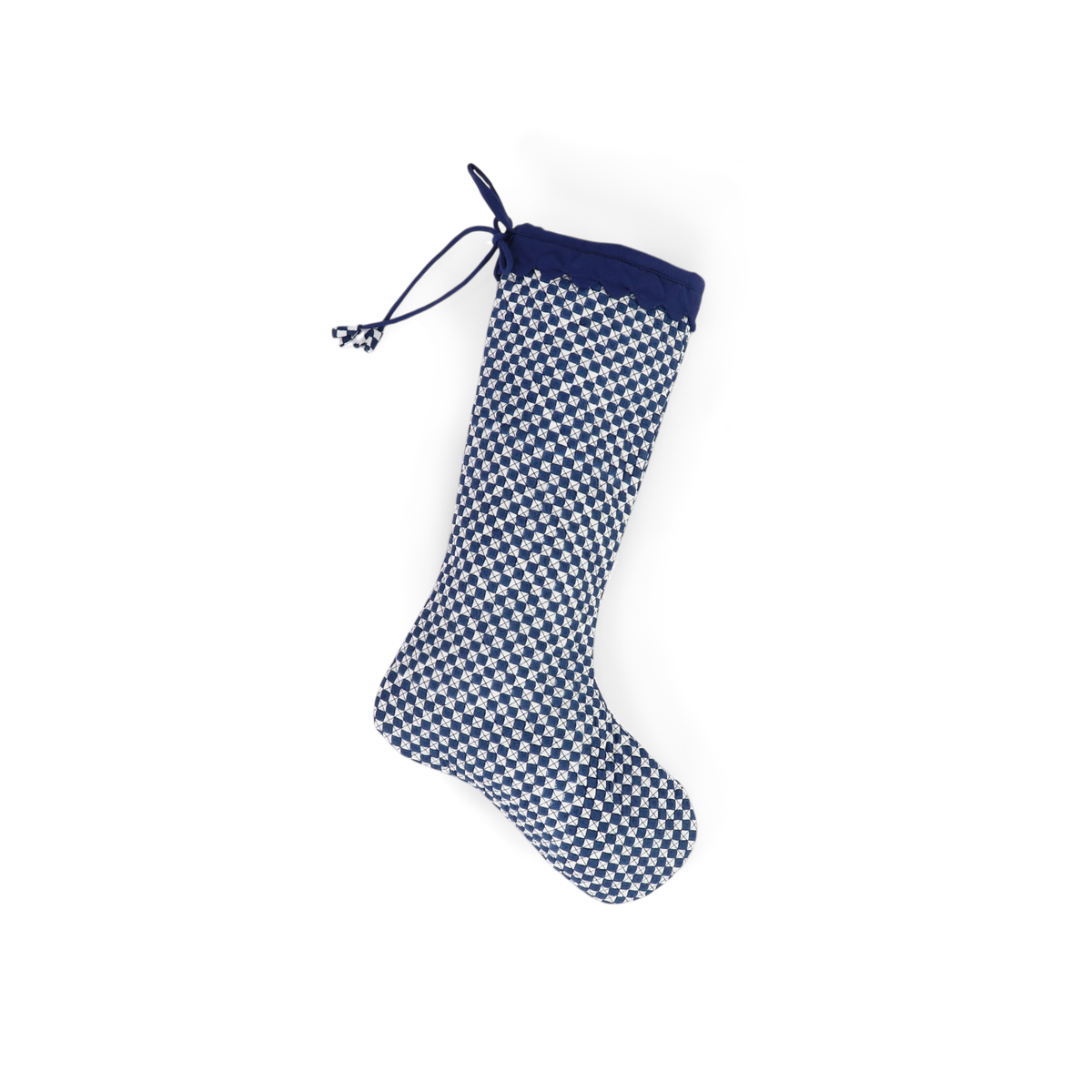Harbor Blue Check – Hand Block Printed Christmas Stocking With Scalloped Edge (16" × 5")