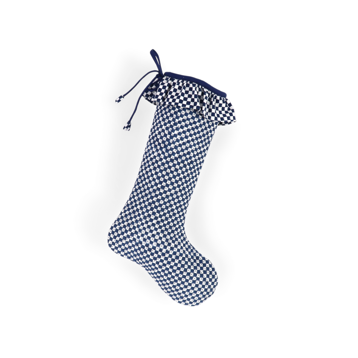 Harbor Blue Check – Hand Block Printed Christmas Stocking Piping With Frill (16" × 5")