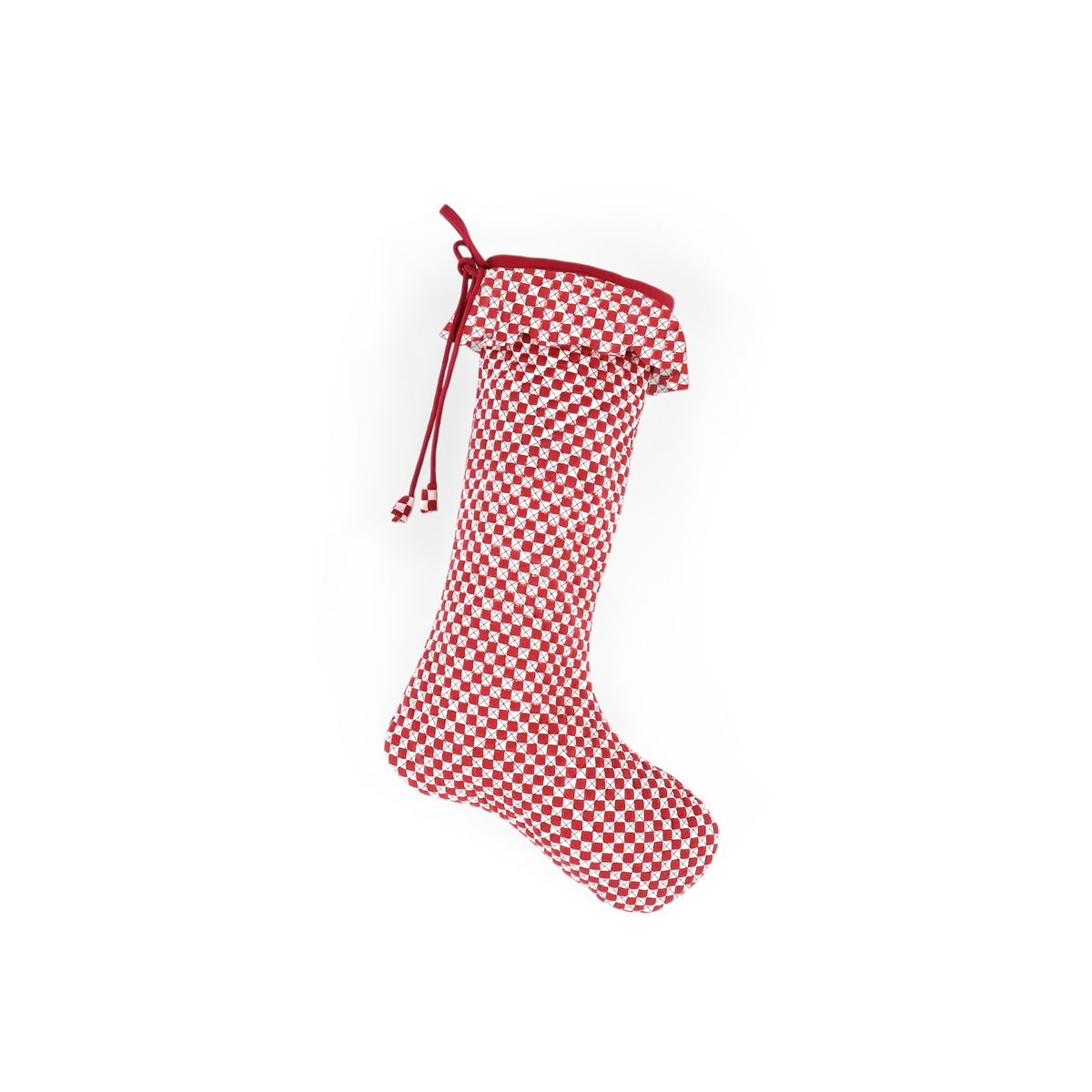 Garnet Red Check – Hand Block Printed Christmas Stocking Piping With Frill (16" × 5")