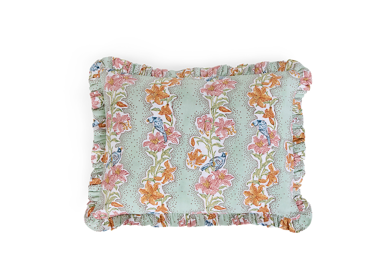 Parrot Garden – Hand Block Printed Linen Pillow Cover (12" x 16")