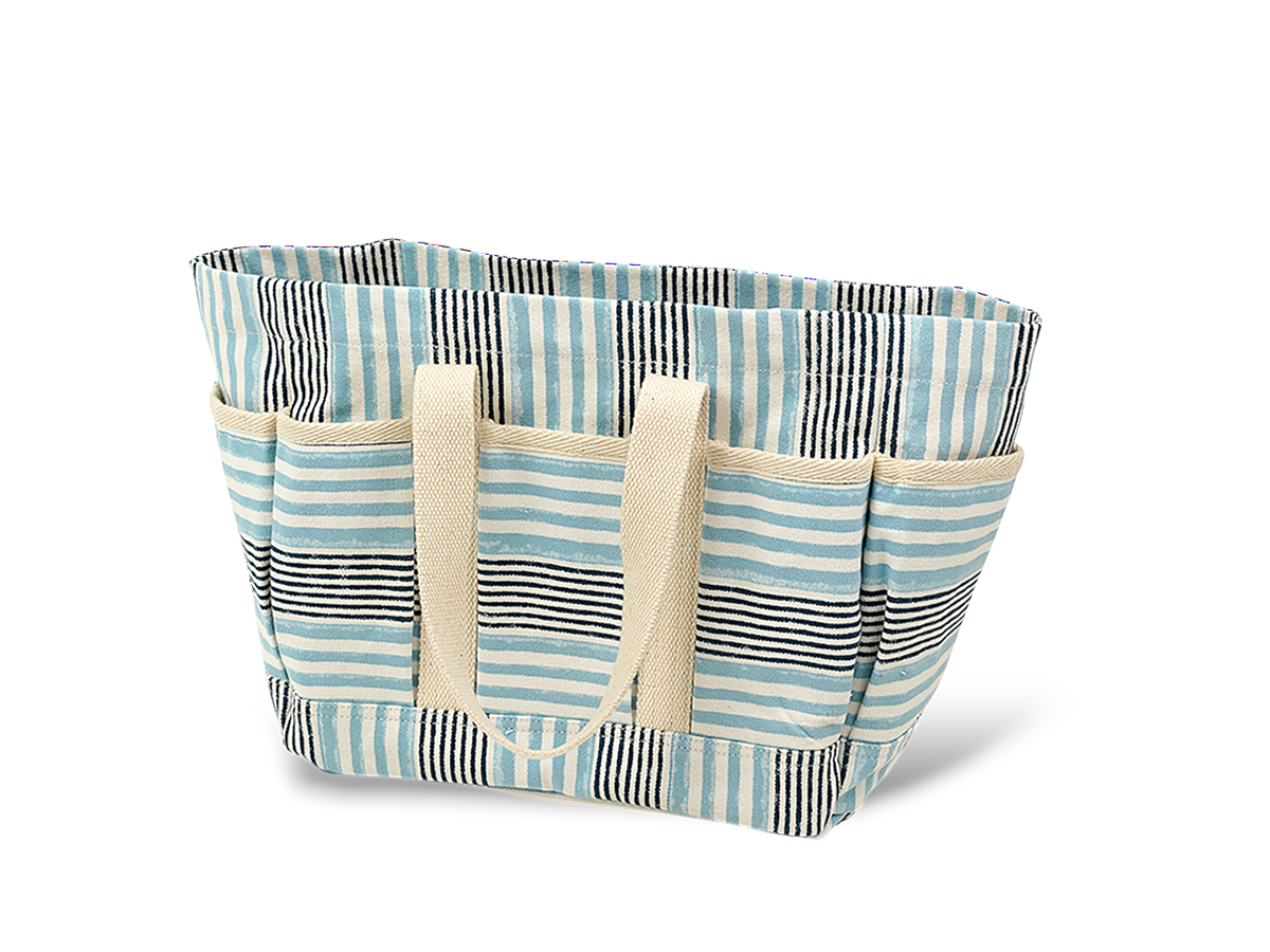 Lahar Stripe – Hand Block Printed Utility Tote in Sky & Navy (11” H x 12.5” W x 7” D | 100% Cotton Canvas)