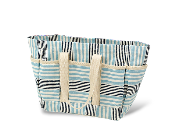 Lahar Stripe – Hand Block Printed Utility Tote in Sky & Navy (11” H x 12.5” W x 7” D | 100% Cotton Canvas)