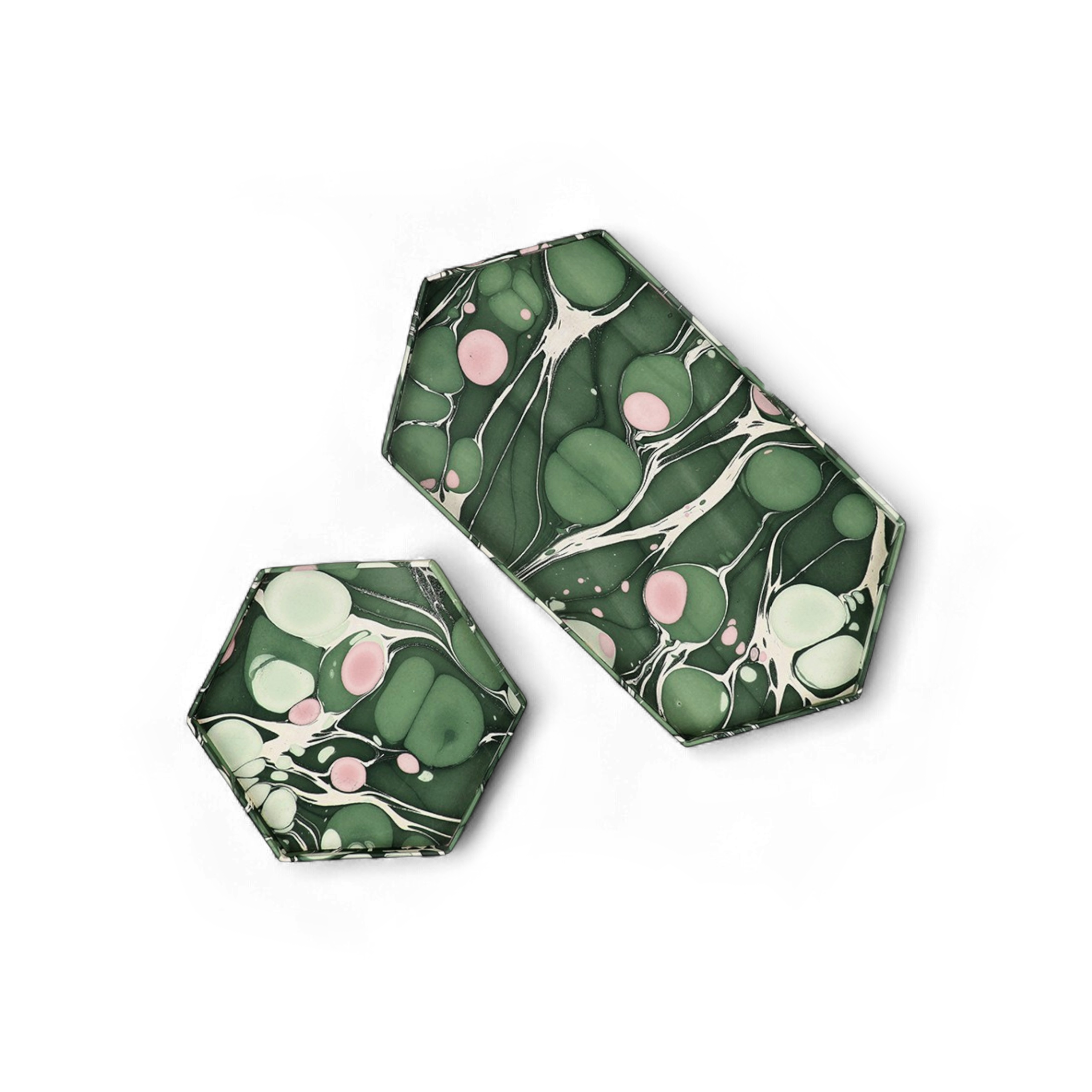 Moss Stone – Hand Marbled Hexagon Tray Set (Set of 2) (Large: 13" x 7" x 0.75")