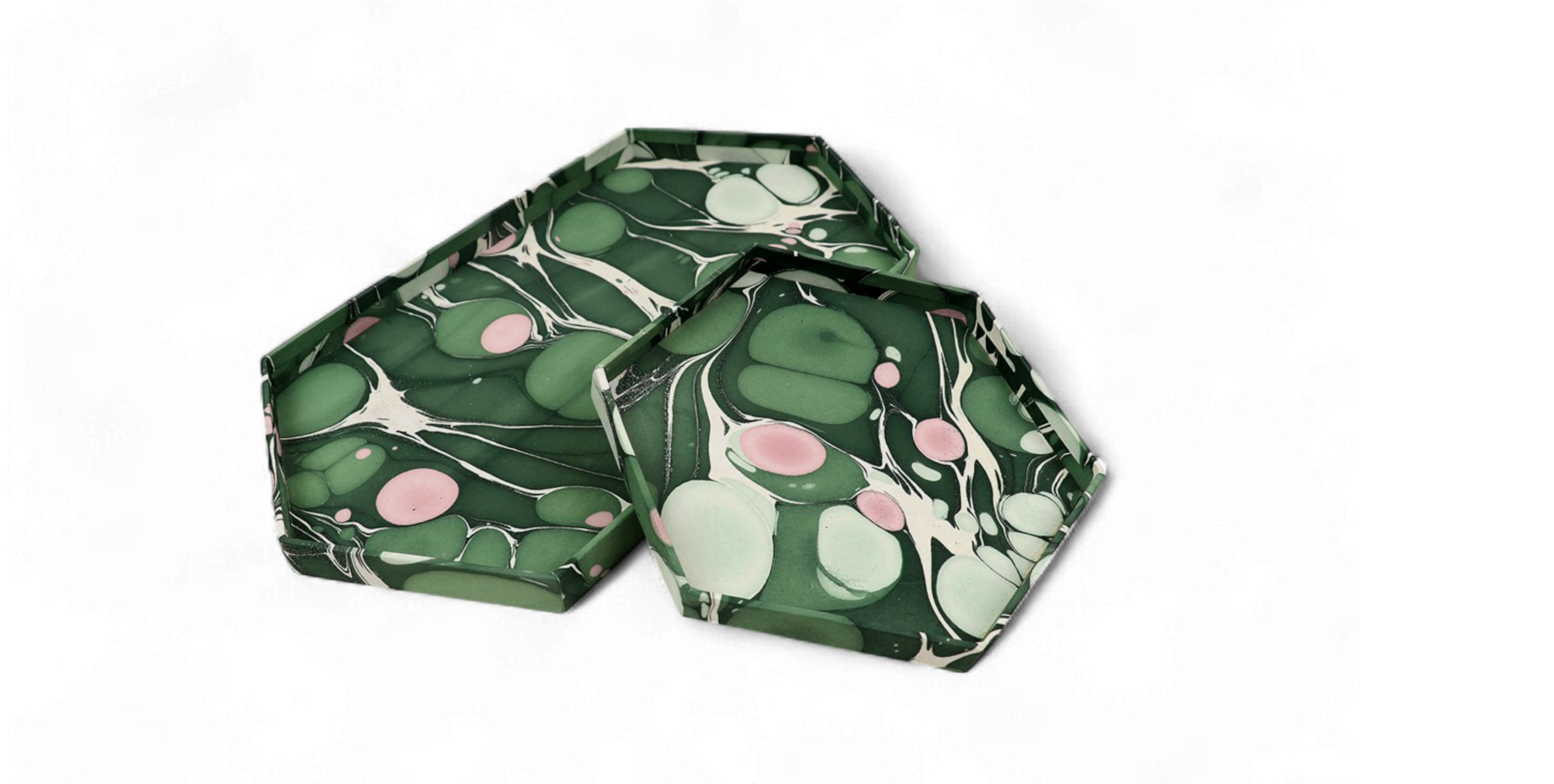 Moss Stone – Hand Marbled Hexagon Tray Set (Set of 2) (Large: 13" x 7" x 0.75")