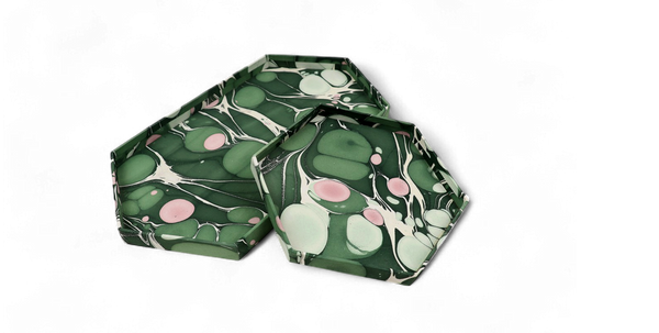 Moss Stone – Hand Marbled Hexagon Tray Set (Set of 2) (Large: 13