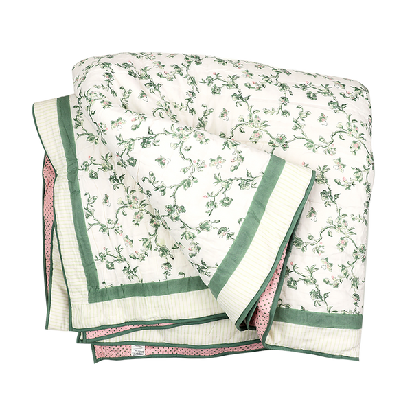 Sage Bloom – Hand Block Printed Cotton Quilt (90