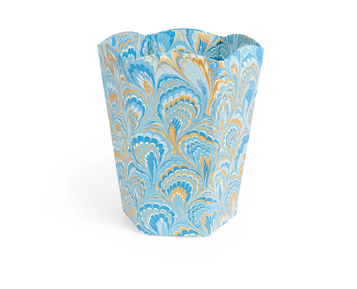 Azure Plume – Hand Marbled Scalloped Basket (9.5" W x 9.5" D x 12" H )