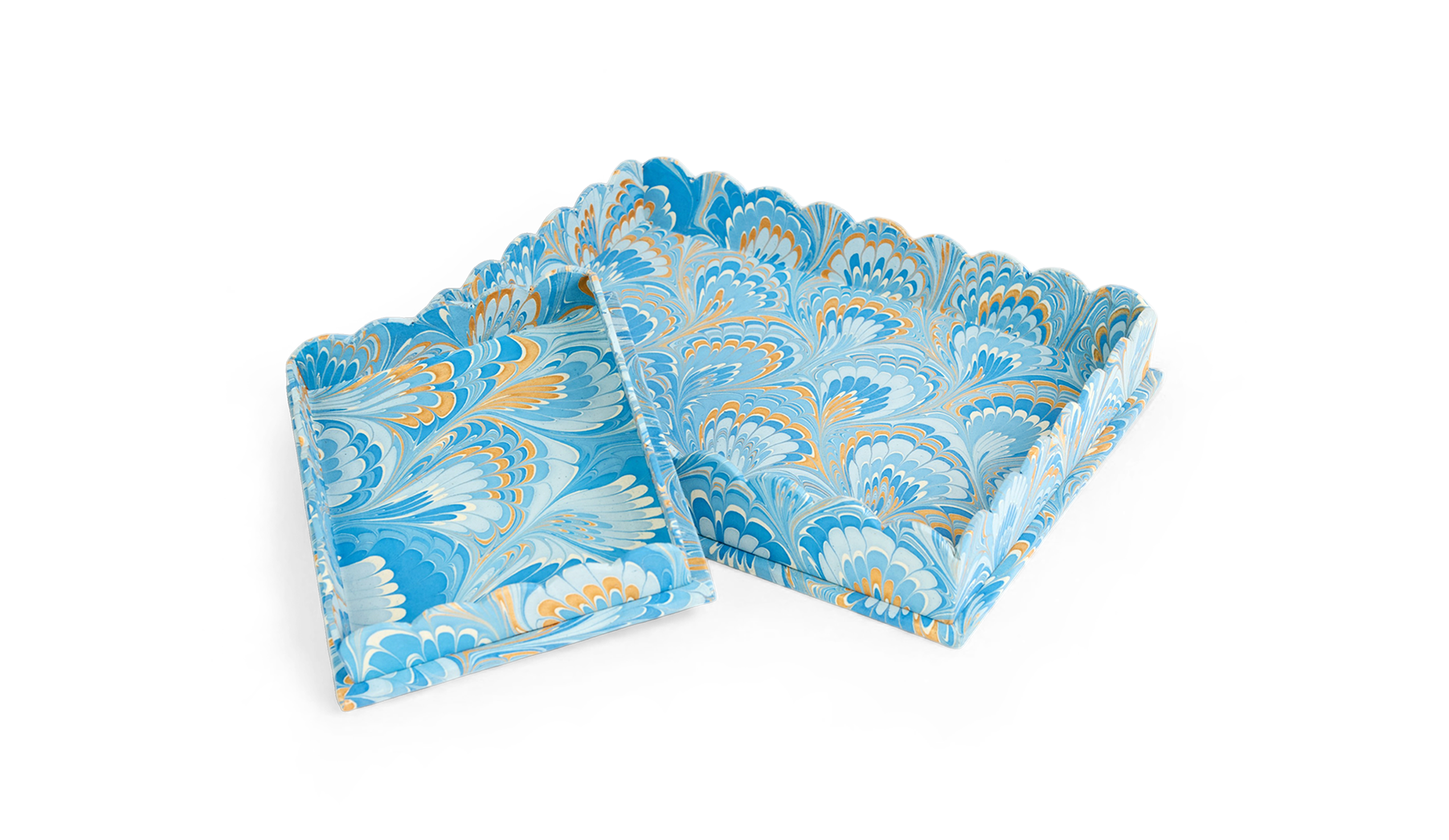 Azure Plume – Hand Marbled Scalloped Tray Set (12" x 9.5" x 1.5")
