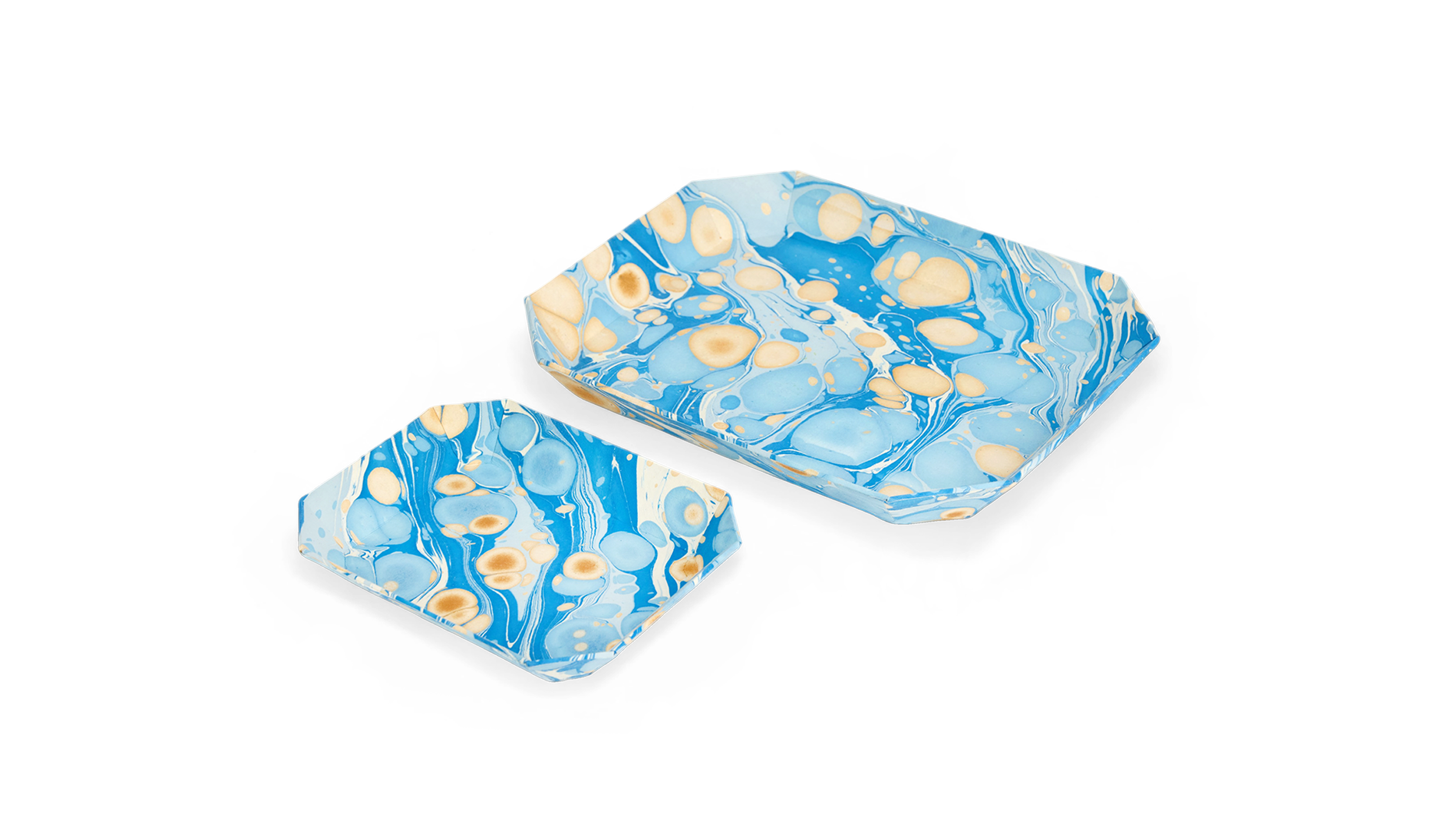 Azure Stone – Hand Marbled Octagon Tray Set (Set of 2) (Large: 9" x 11" x 1.5")