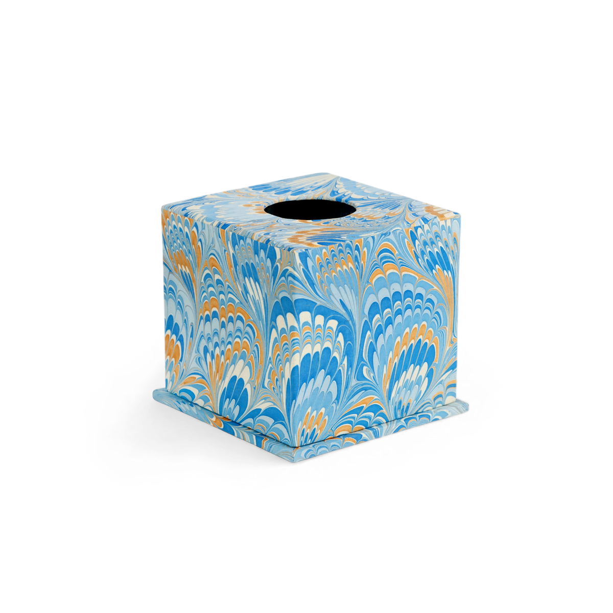 Azure Plume – Hand Marbled Tissue Box Cover (5.25” H x 5” W x 5” D)