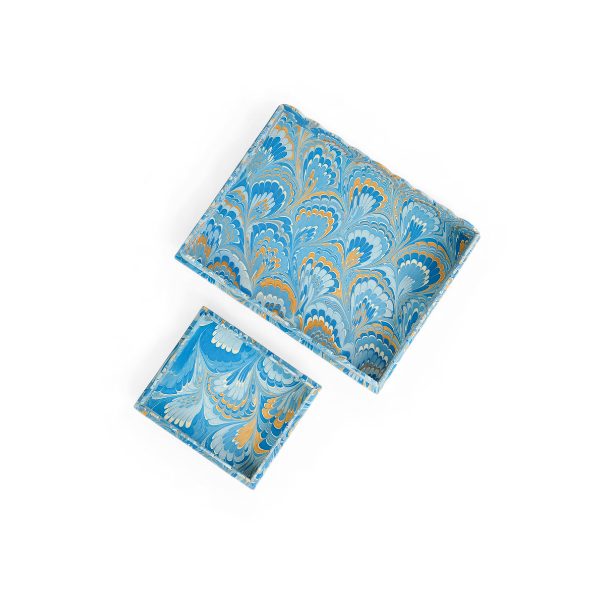 Azure Plume – Hand Marbled Scalloped Tray Set (12" x 9.5" x 1.5")
