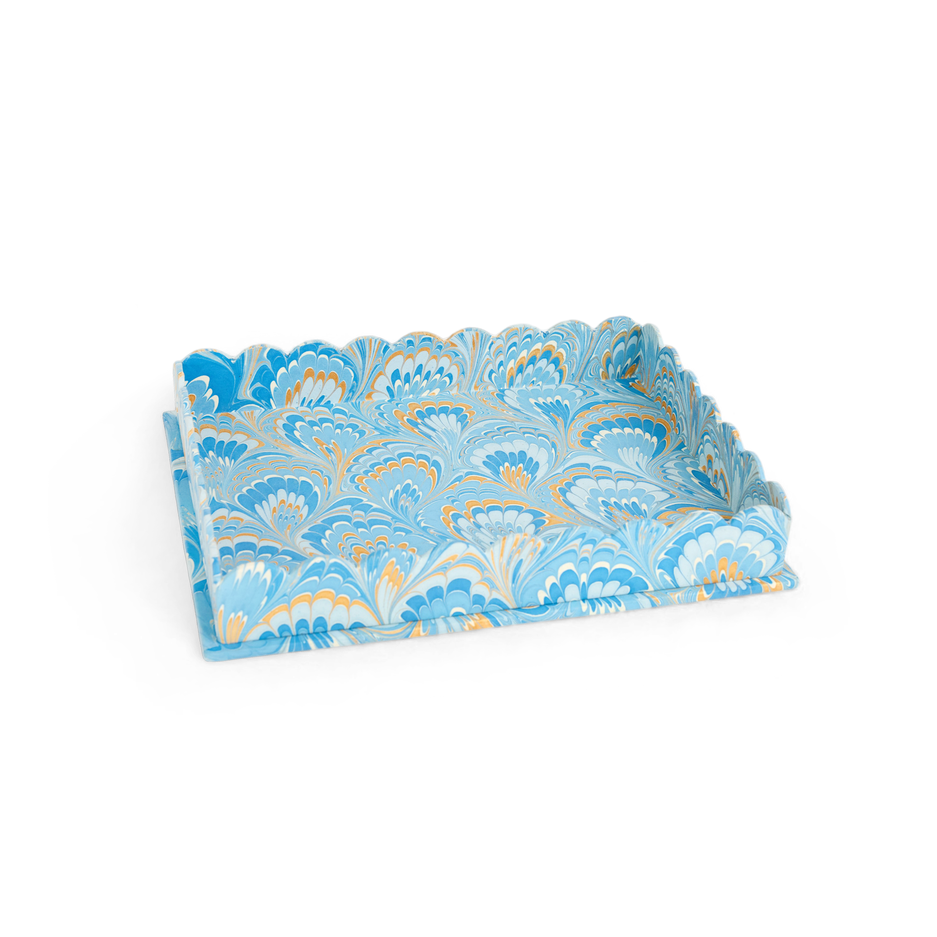 Azure Plume – Hand Marbled Scalloped Tray Set (12" x 9.5" x 1.5")
