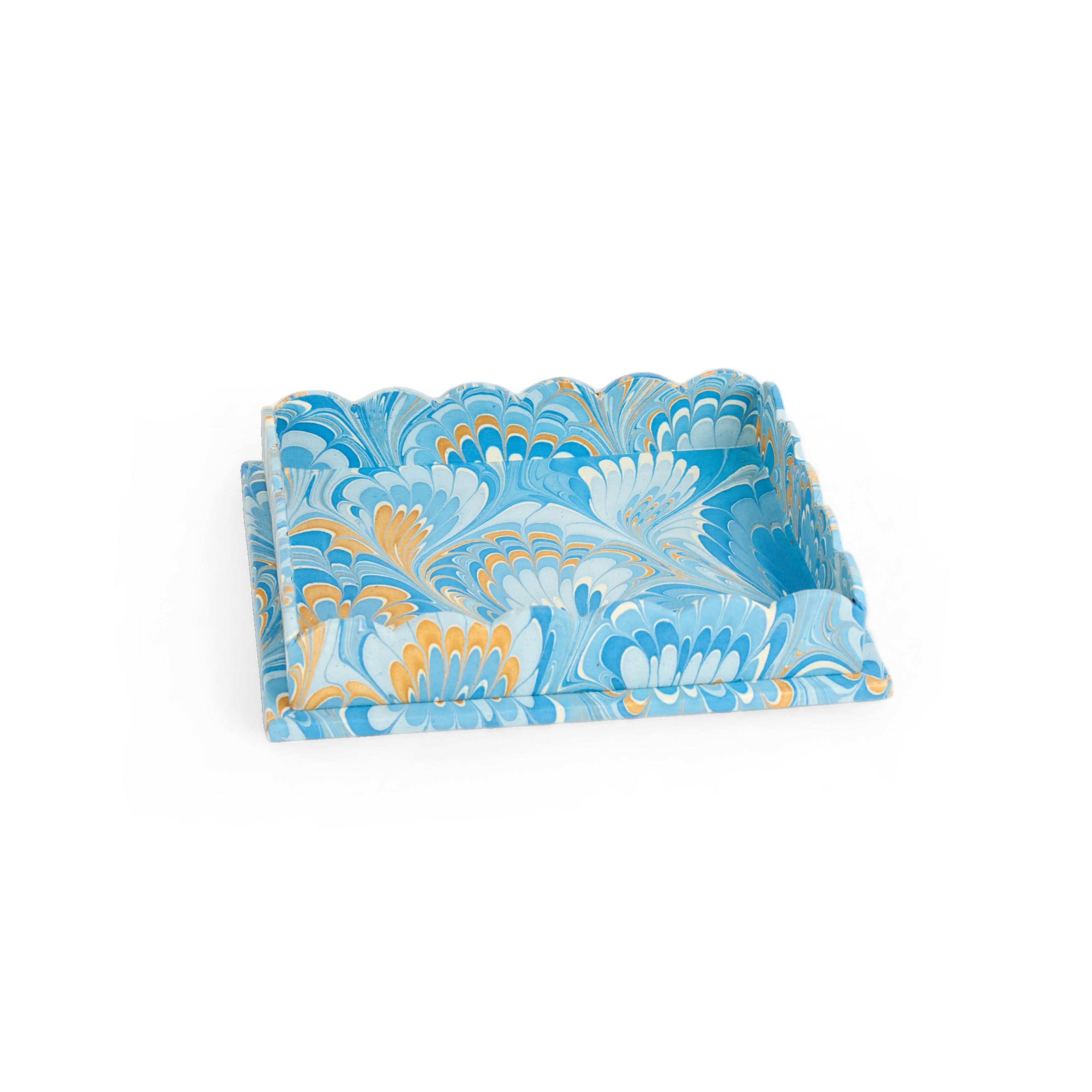 Azure Plume – Hand Marbled Scalloped Tray Set (12" x 9.5" x 1.5")