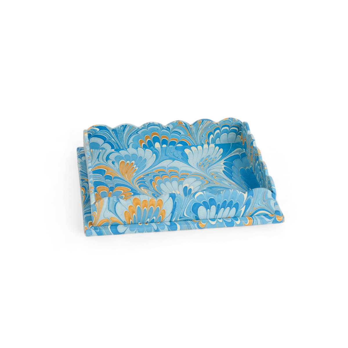 Azure Plume – Hand Marbled Scalloped Tray Set (12" x 9.5" x 1.5")