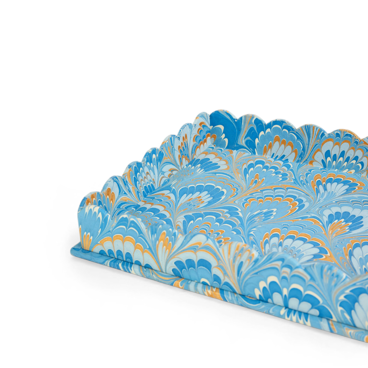 Azure Plume – Hand Marbled Scalloped Tray Set (12" x 9.5" x 1.5")