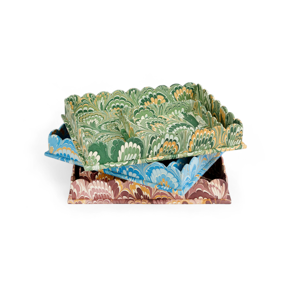 Azure Plume – Hand Marbled Scalloped Tray Set (12" x 9.5" x 1.5")