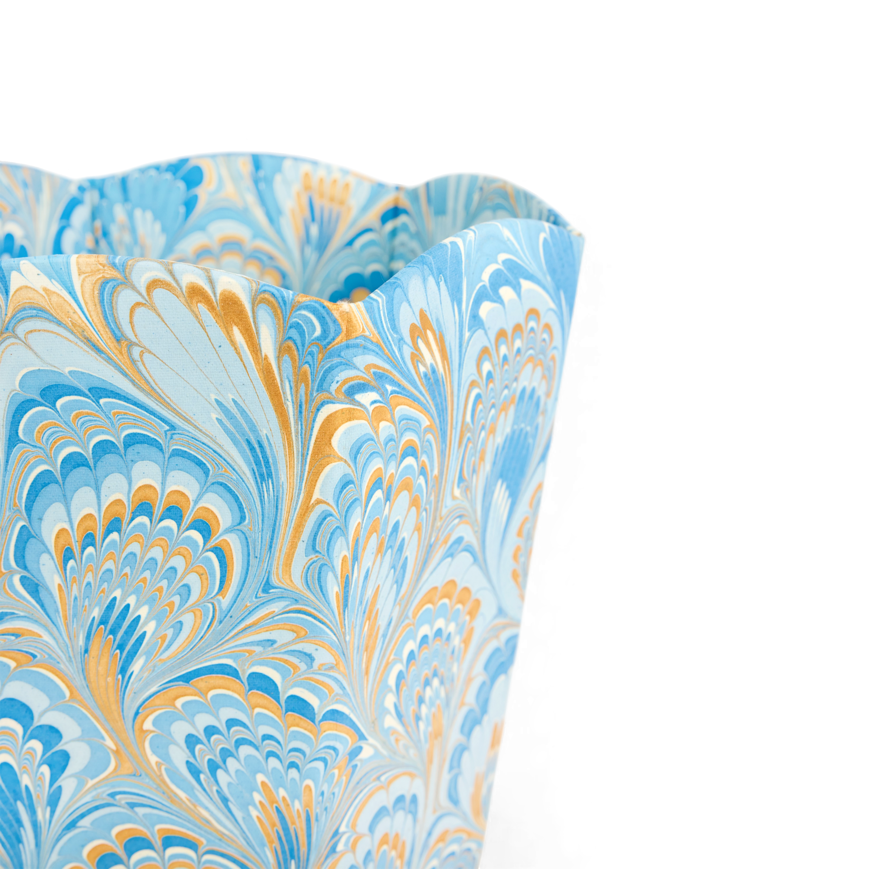 Azure Plume – Hand Marbled Scalloped Basket (9.5" W x 9.5" D x 12" H )
