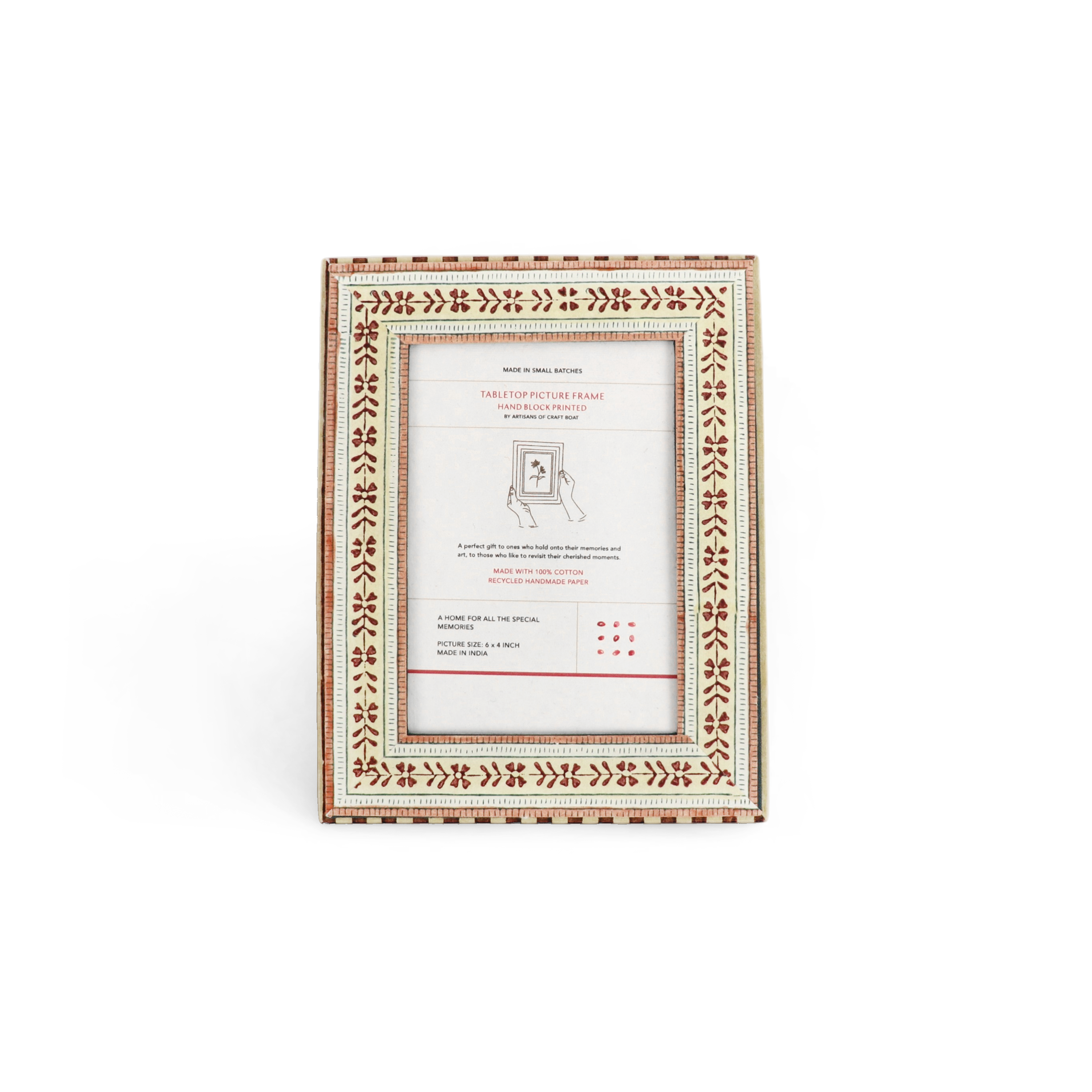Ruby Trail – Hand Block Printed Tabletop Picture Frame (7.25" x 5.75", fits 6" x 4" photo)