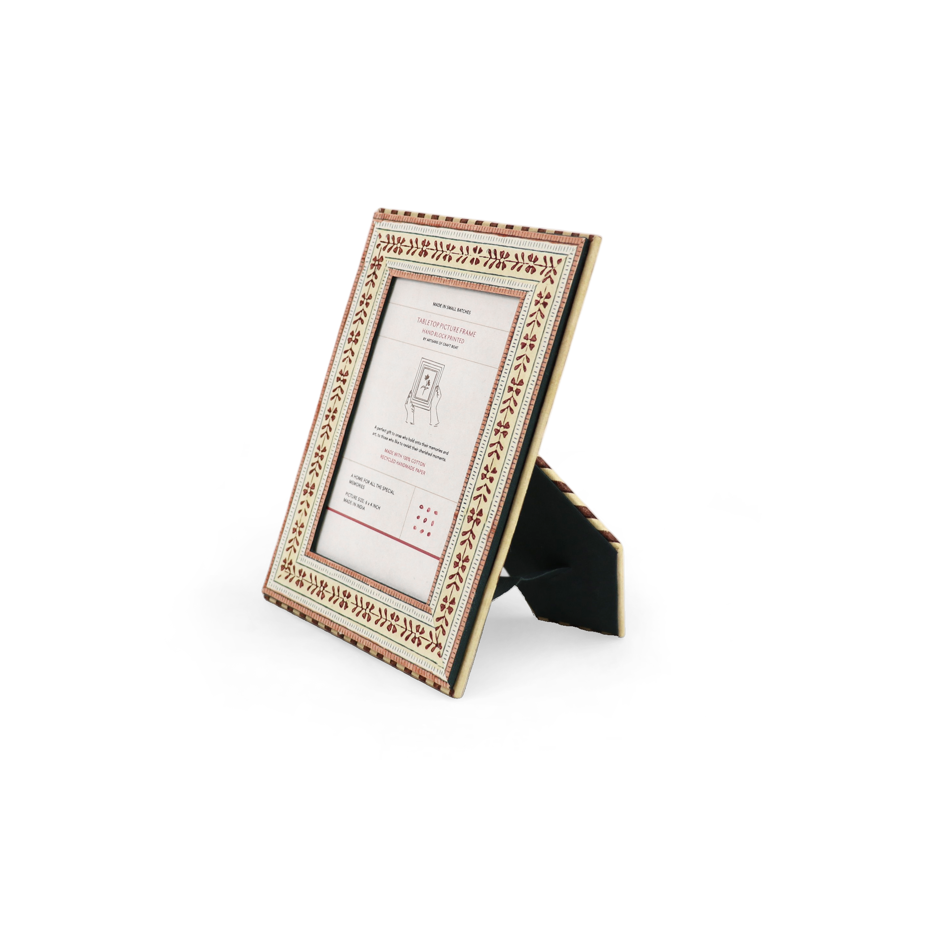 Ruby Trail – Hand Block Printed Tabletop Picture Frame (7.25" x 5.75", fits 6" x 4" photo)