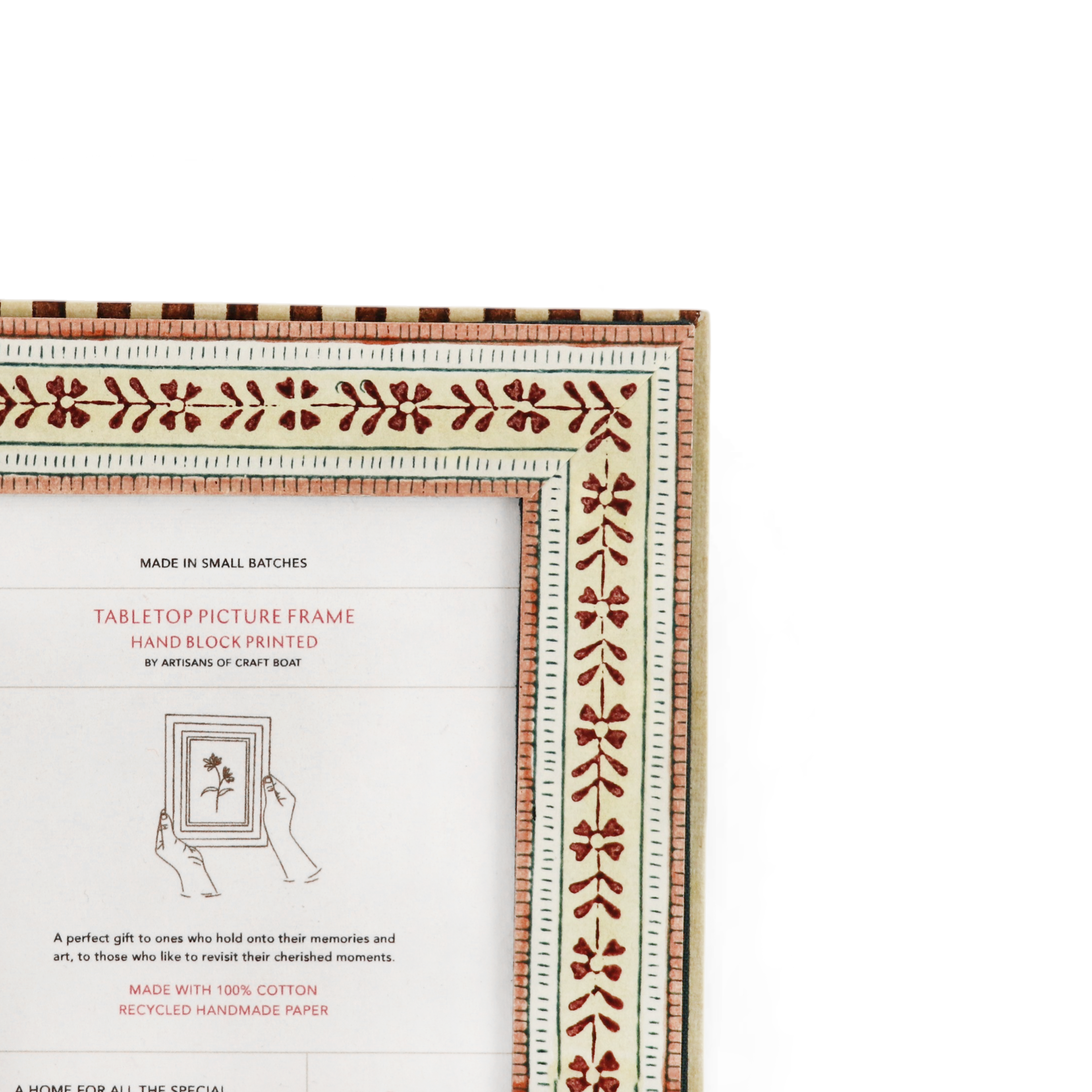 Ruby Trail – Hand Block Printed Tabletop Picture Frame (7.25" x 5.75", fits 6" x 4" photo)