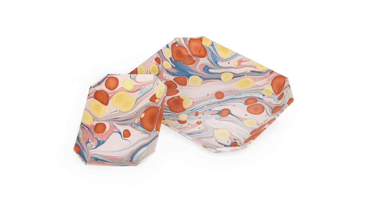 Sunset Stone – Hand Marbled Octagon Tray Set (Set of 2) (Large: 9" x 11" x 1.5")