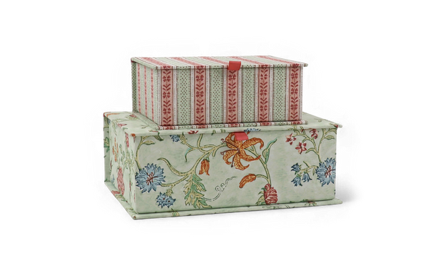 Mint Meadow – Hand Block Printed Keepsake Box Set (Set of 2) (Small: 6.75” x 5” x 2.75” | Large: 9.5” x 7” x 3.5” | 100% Recycled Cotton Paper)