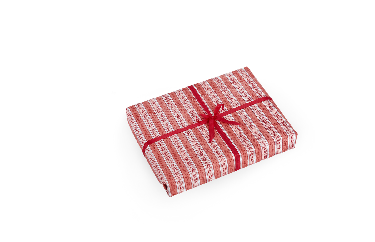 Garnet Red Floral Stripe – Hand Block Printed Wrapping Paper Sheet ( 21" x 29" | 100% Recycled Cotton Paper)