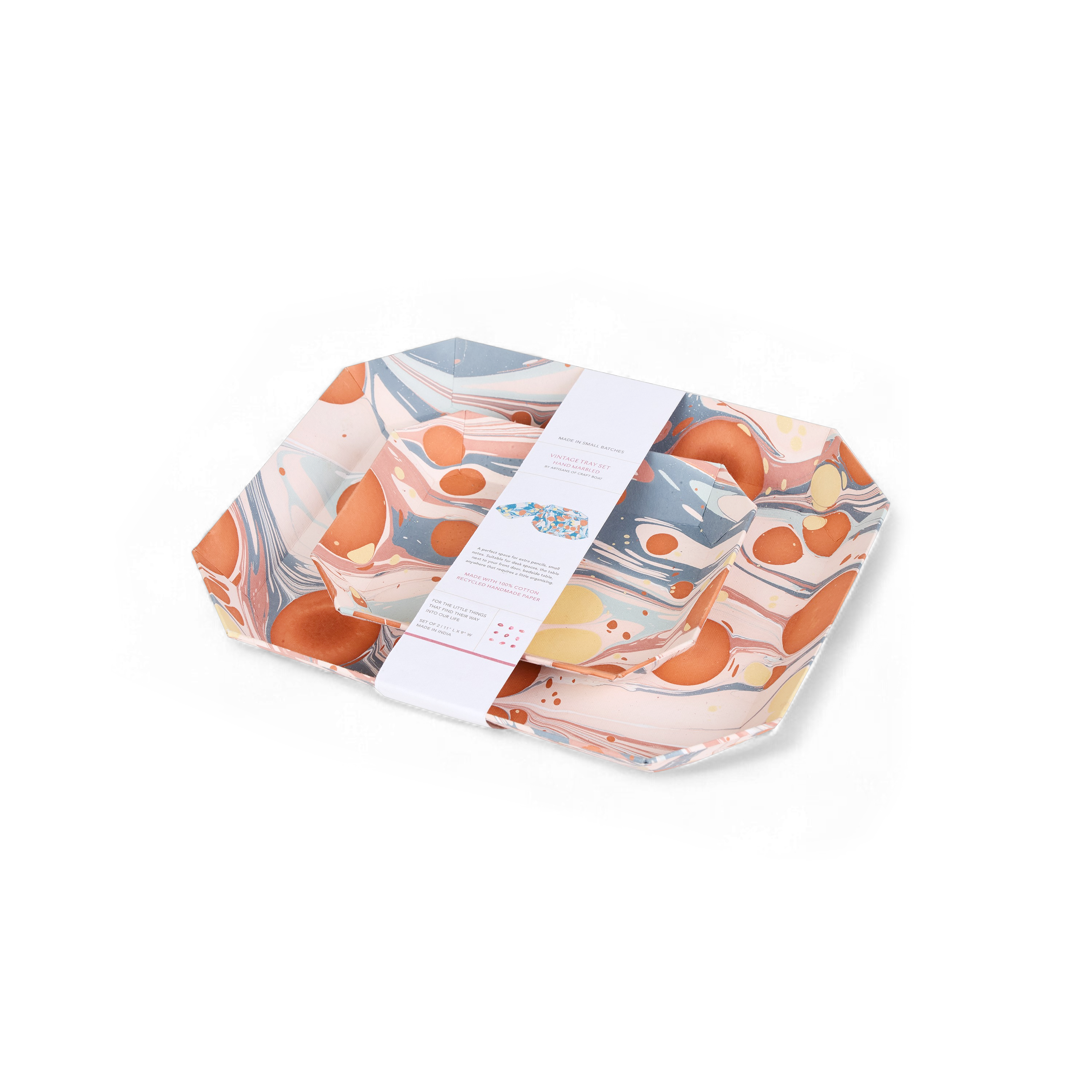 Sunset Stone – Hand Marbled Octagon Tray Set (Set of 2) (Large: 9" x 11" x 1.5")