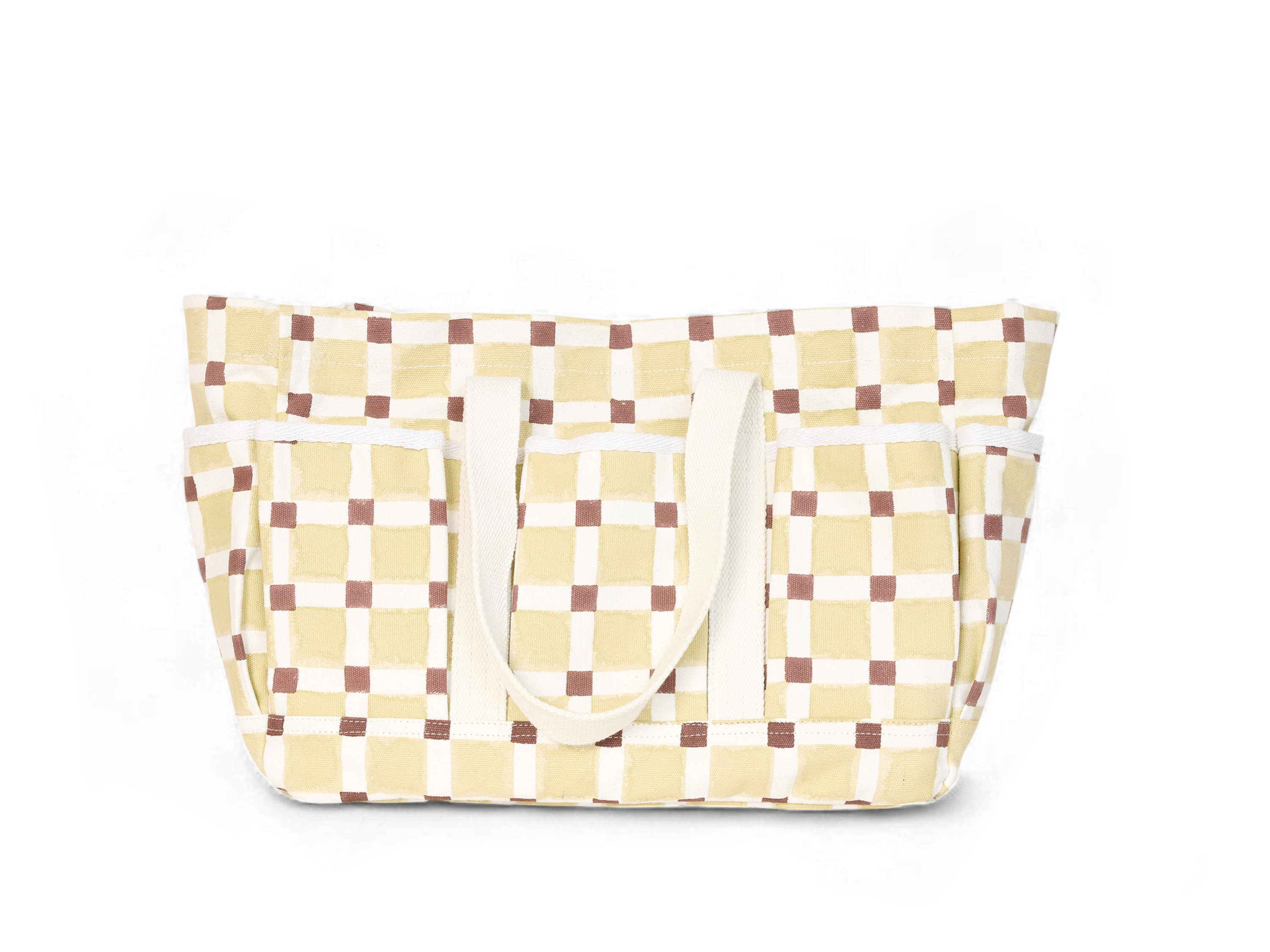 Butter Grid – Hand Block Printed Utility Tote in Brown (12” H x 16” W x 6” D | 100% Cotton Canvas)