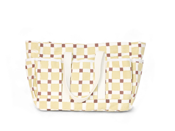 Butter Grid – Hand Block Printed Utility Tote in Brown (12” H x 16” W x 6” D | 100% Cotton Canvas)