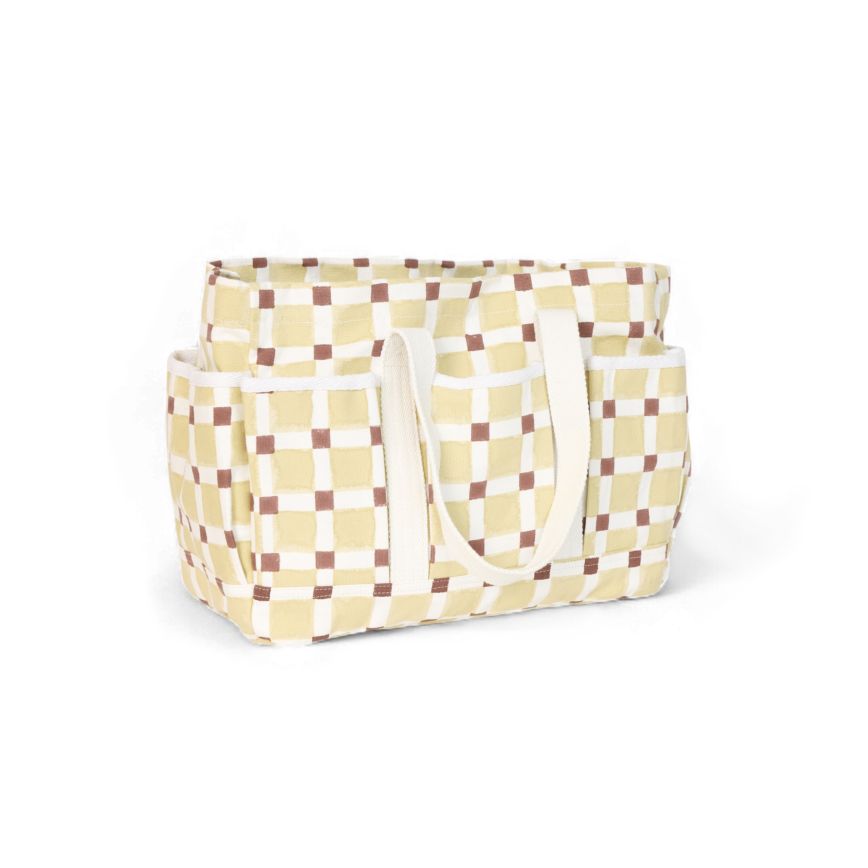 Butter Grid – Hand Block Printed Utility Tote in Brown (12” H x 16” W x 6” D | 100% Cotton Canvas)