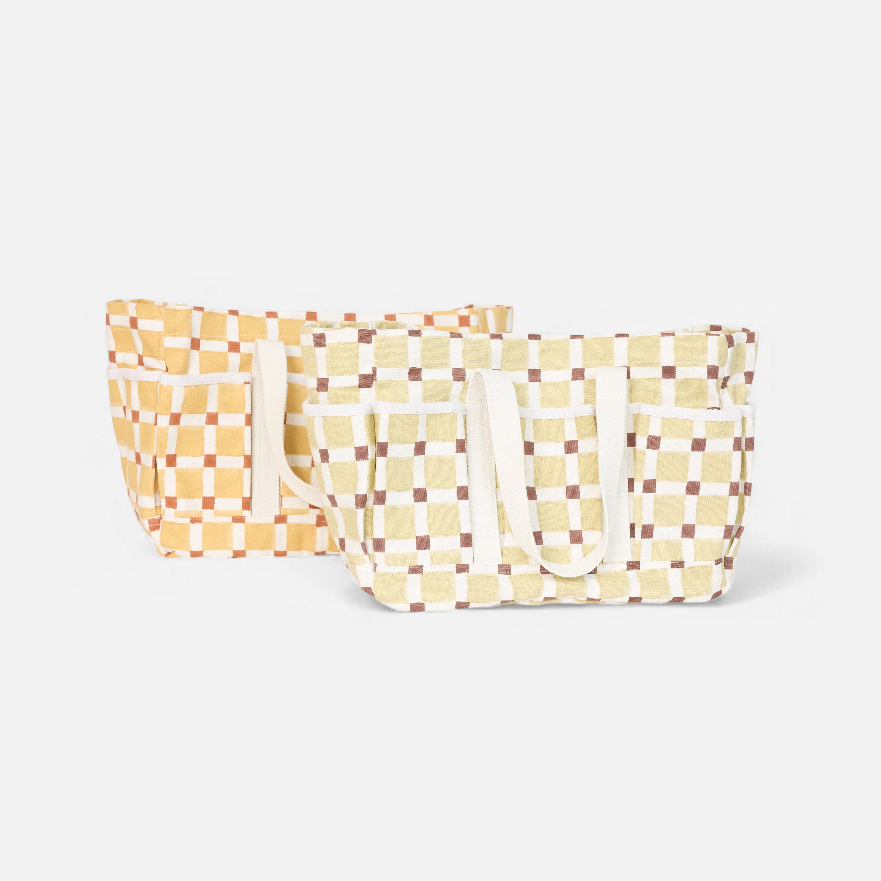 Butter Grid – Hand Block Printed Utility Tote in Brown (12” H x 16” W x 6” D | 100% Cotton Canvas)