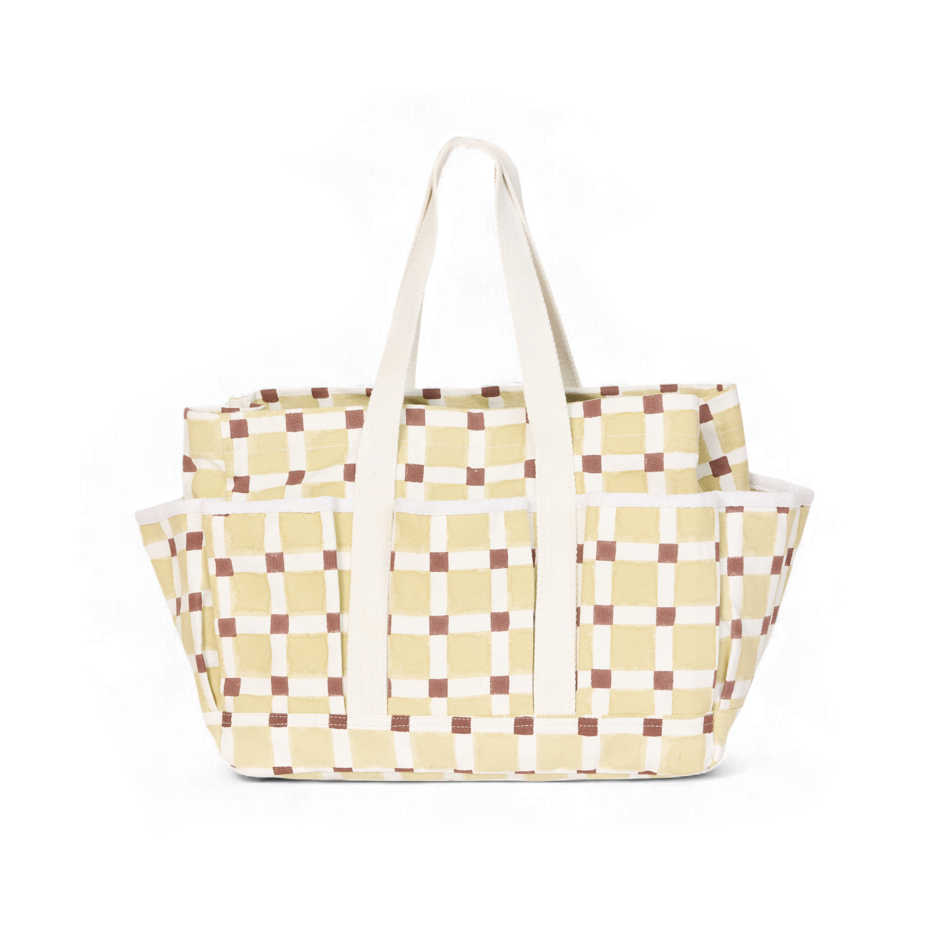 Butter Grid – Hand Block Printed Utility Tote in Brown (12” H x 16” W x 6” D | 100% Cotton Canvas)