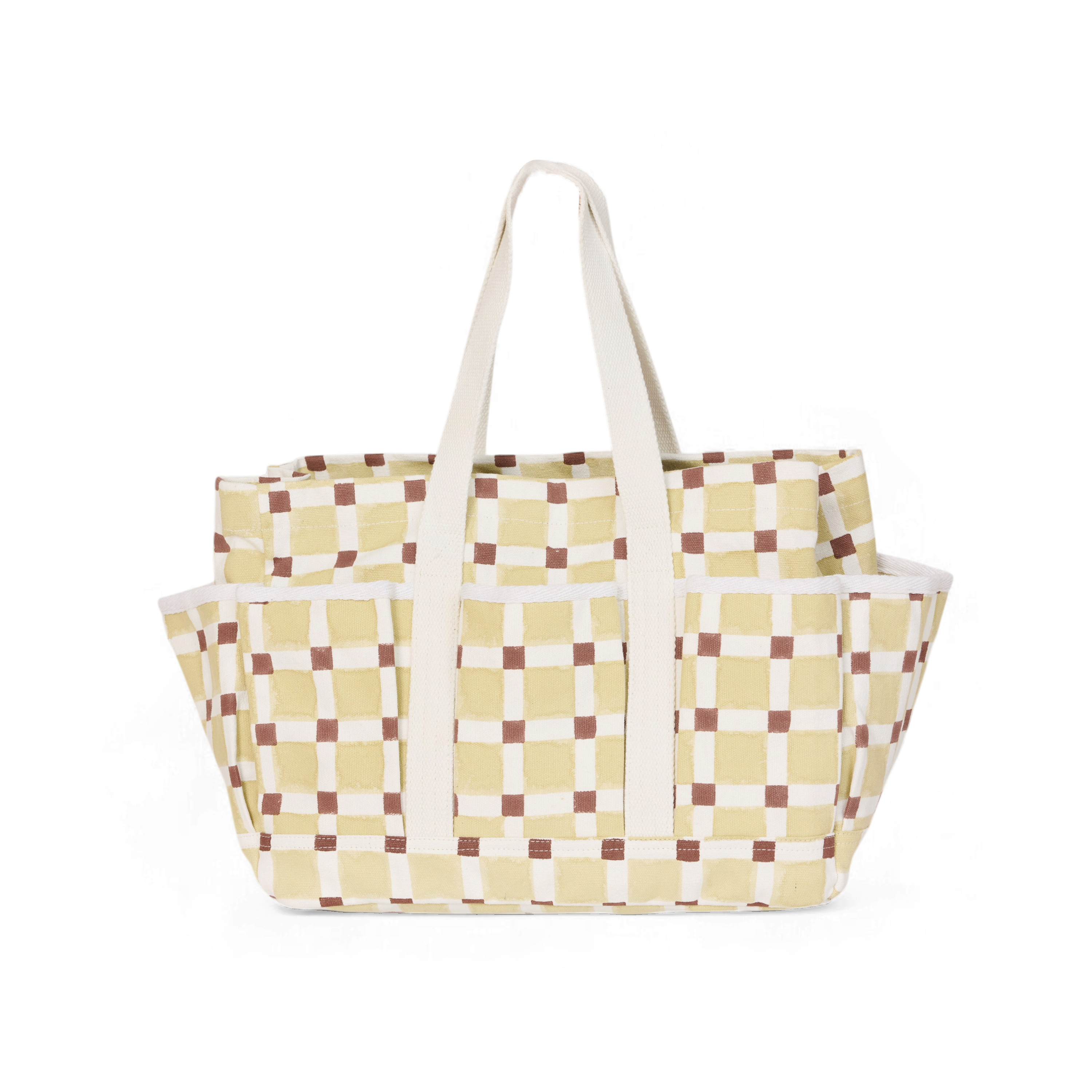 Butter Grid – Hand Block Printed Utility Tote in Brown (12” H x 16” W x 6” D | 100% Cotton Canvas)