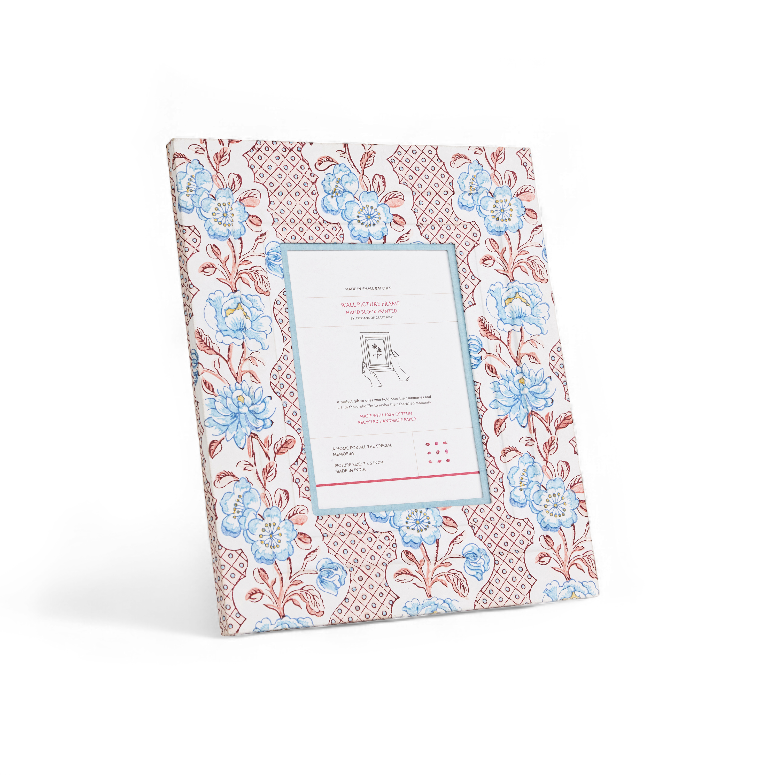 Coral Bloom – Hand Block Printed Wall Picture Frame (12" x 10", fits 7" x 5" photo)