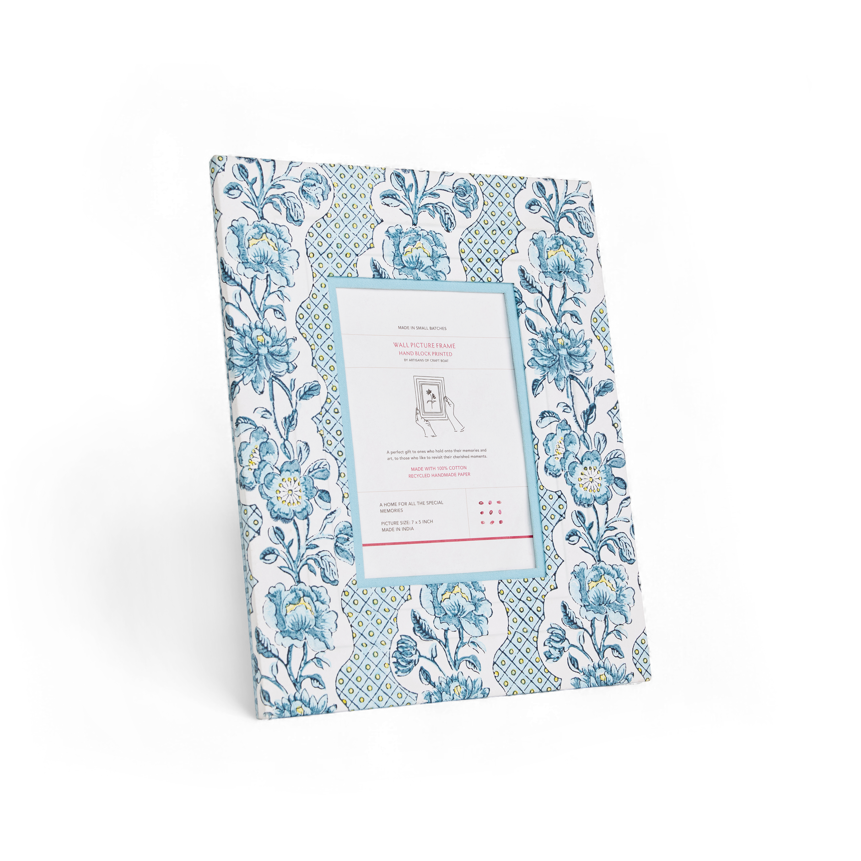 Azure Bloom – Hand Block Printed Wall Picture Frame (12" x 10", fits 7" x 5" photo)