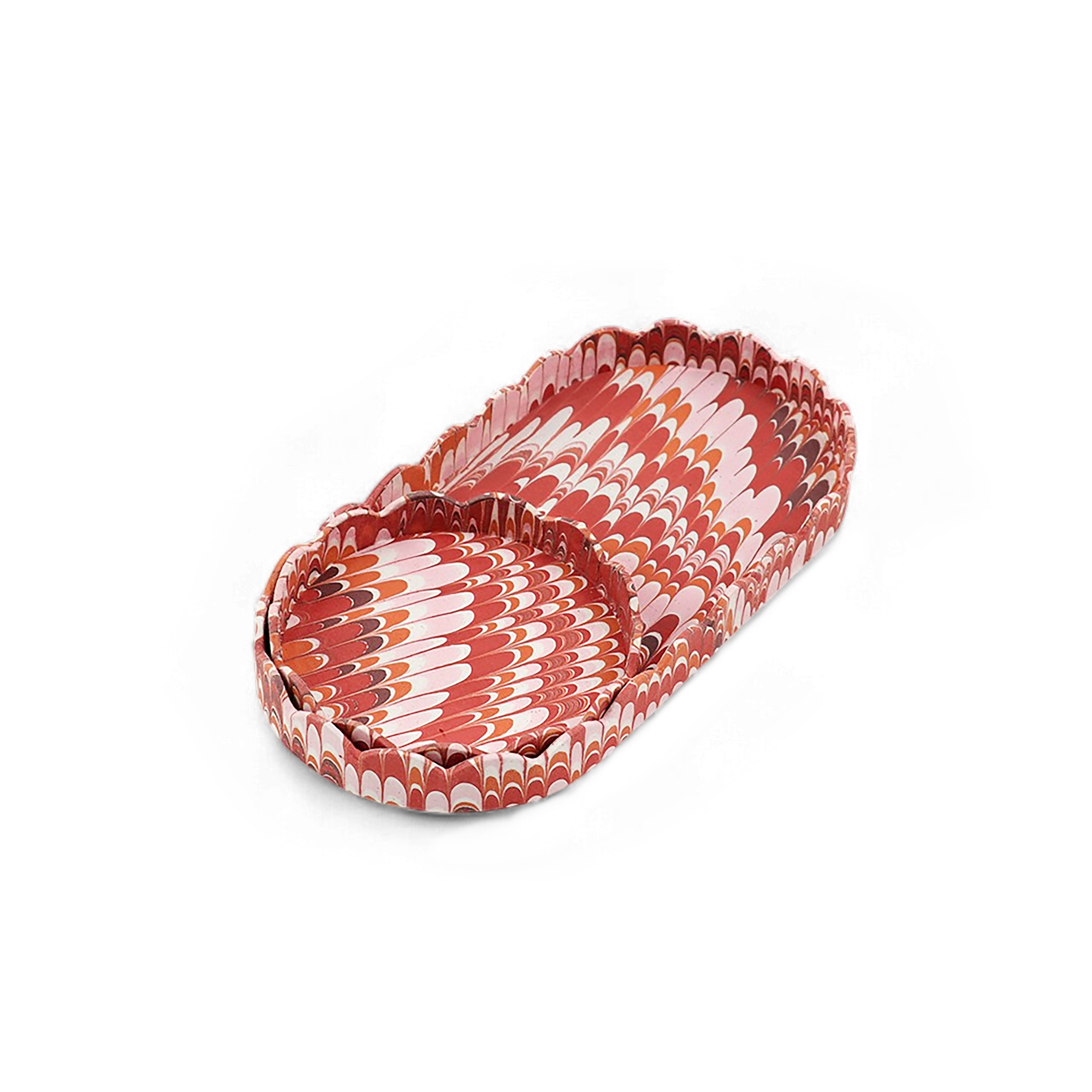 Terra Wave – Hand Marbled Scalloped Tray Set (Set of 2) (Large: 4.5" x 9" x 1")