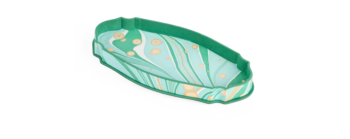 Celadon Green Fire Whirl – Hand Marbled Victorian Desk Tray (9.25" x 4.75" x 1")
