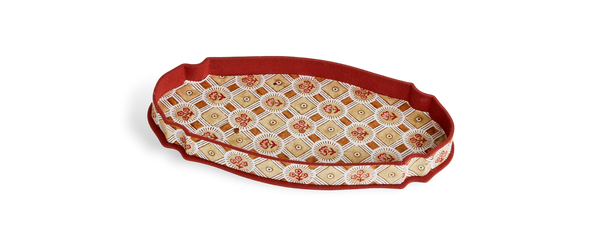 Saanjh Print – Hand Block Printed Crest Tray in Gold Brick Red (9.25