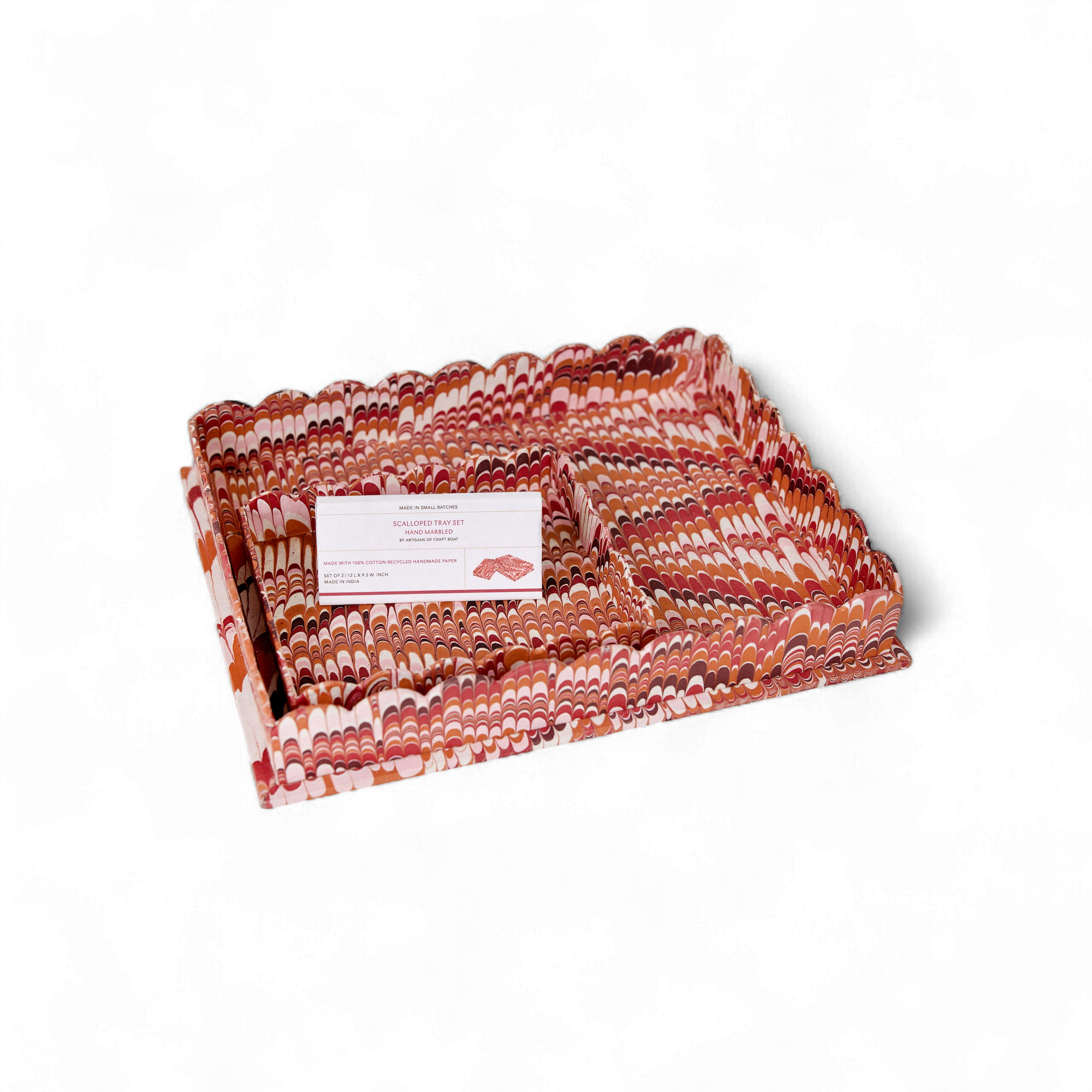 Terra Wave – Hand Marbled Scalloped Tray in Brick Red (Set of 2) (12" x 9.5" x 1.5")
